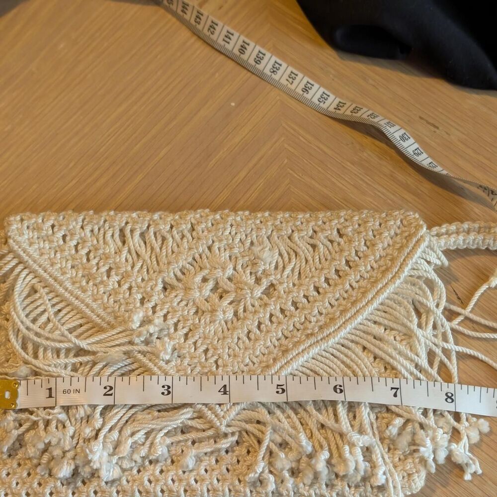 Boho Crochet Fringe Clutch Bag Cream Macrame Festival Wristlet - Picture 4 of 4